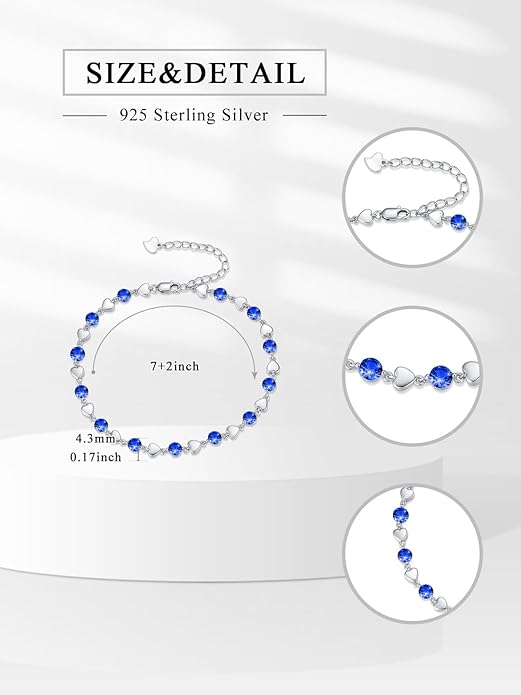 Birthstone Charm Link Bracelet 925 Sterling Silver Rose/Heart/Mom Bracelet with 12 Months Birthstone Mother's Day Gift Jewelry Gifts for Women,Chain Length 7"+2" Extend