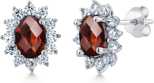 Gem Stone King 7X5MM Oval Gemstone Birthstone Stud Earrings For Women | Princess Diana Royal Halo Style | 925 Sterling Silver | Fine Jewelry Gifts for Anniversary Wedding Her Mom Women Wife