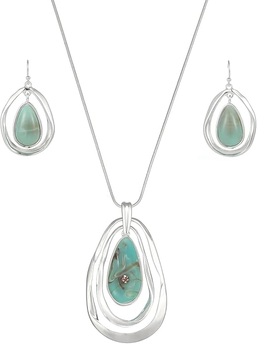 Madison Tyler Gold Plated Jewelry Set for Women | Silver Teardrop Pendant Necklace Trendy | Long Necklace with Snake Chain | Fashion Dangle Earring Set