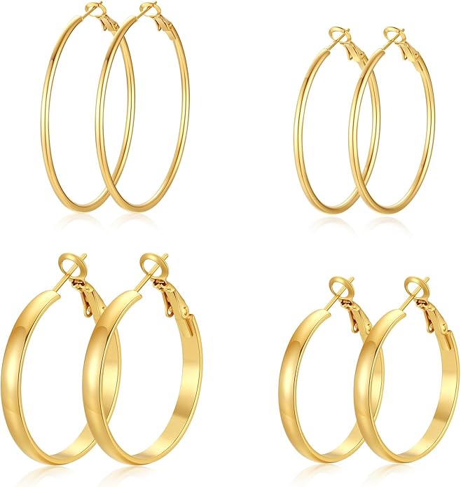 4 Pairs Silver Gold Hoop Earrings for Women | 14K Gold Plated Hoop Earrings Set Hypoallergenic Earring Lightweight Dangle Earrings Set
