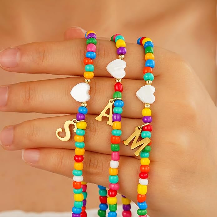 Valentines Day Gifts for Kids Women Girls - Colorful Beaded Initial Necklace Teen Girls Trendy Stuff Dainty Letter A-Z Choker Necklace Valentines Day Gifts for Her Mom Jewelry