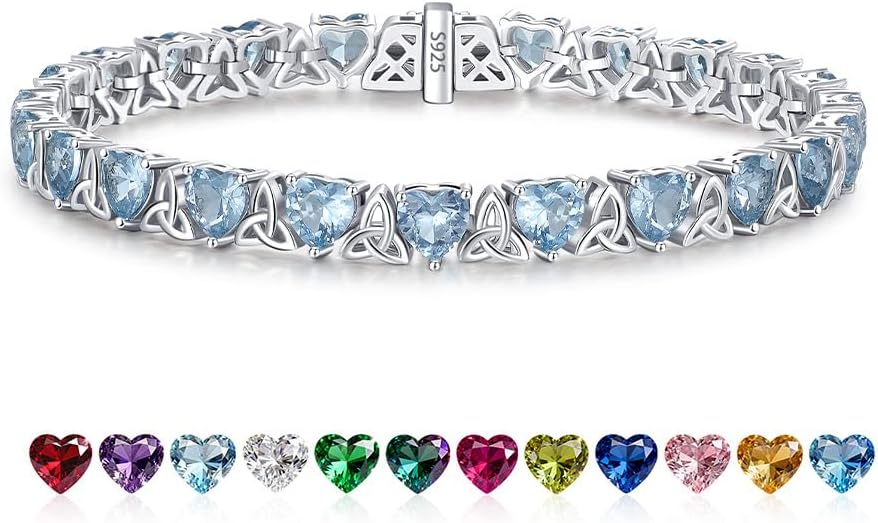 Birthstone Tennis Bracelets for Women, 925 Sterling Silver Heart Shaped Celtic Trinity Knot, 7 Inch Charm Trendy Hypoallergenic Anniversary Birthday Gifts for Her