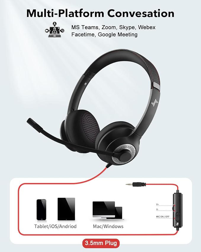USB Headset with Mic for PC, On-Ear Computer Laptop Headphones with Noise Cancelling Microphone Control for Home Office Online Class Skype Zoom (3.5mm, Black)
