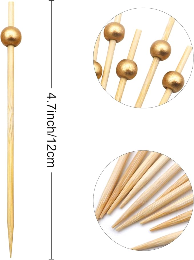 BLUE TOP Gold Pearl Cocktail Picks 4.7 Inch 200 PCS for Food Appetizer/Fruit/Cakes/Cheese/Burgers,Decorative long toothpicks for Parties,Bar,Event,Hotel,July 4th