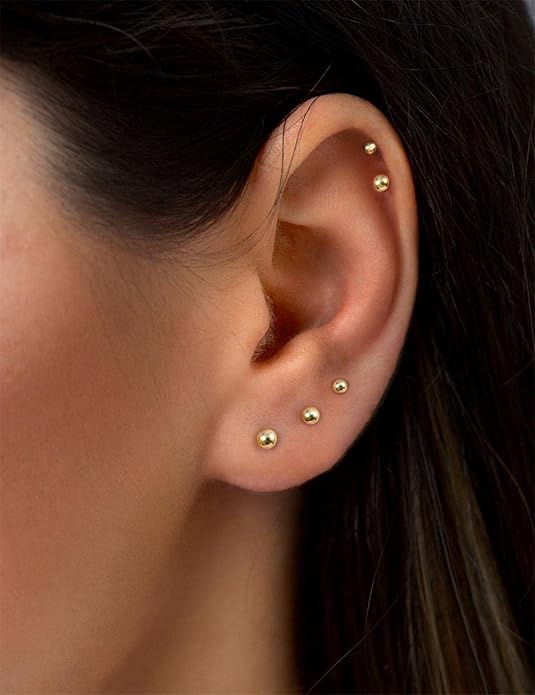 14K Gold Filled Polished Small CZ Pearl Ball Stud Earrings Set for Women Men 20G Surgical Steel Hypoallergenic Piercing Studs for Sensitive Ear, Pack of 6 Pairs