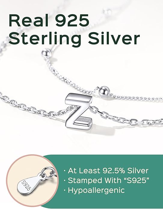 ChicSilver Layered Initial Necklace for Women, 925 Sterling Silver Personalized Letter A-Z Pendant Necklaces, Hypoallergenic Silver Choker with Adjustable 16" Rolo Chain, Dainty Birthday jewelry