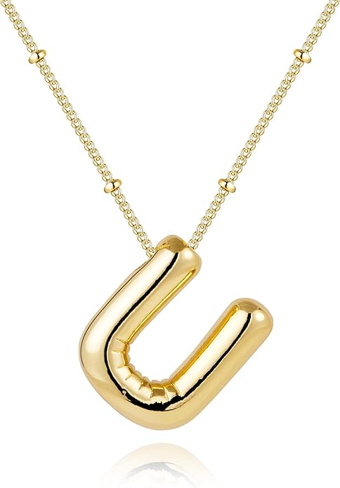 Inerney Valentines Day Gifts Gold Bubble Letter Necklace Initial Necklaces for Women, Chunky 14K Plated Balloon Initials, Trendy Charm Non Tarnish Custom Name Pendant Jewelry Gifts for Mom