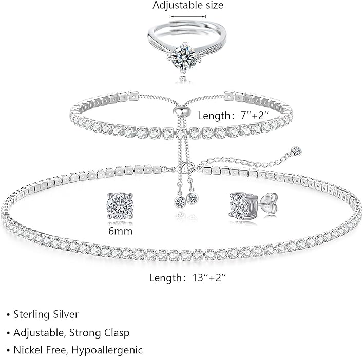Tennis Necklace Bracelet for Women, Dainty Sterling Sliver Choker Necklace Crystal Link Bracelet Stud Earrings for Women Wedding Jewelry for Bride Jewelry Set Accessories
