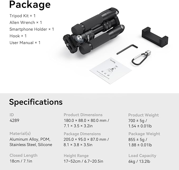 SmallRig VT-20 Aluminum Mini Tripod, 20" Desktop Tripod with 360° Ball Head, Compact Desktop Tripods for DSLR Camera Video Camcorder, Load up to 13lb/6kg