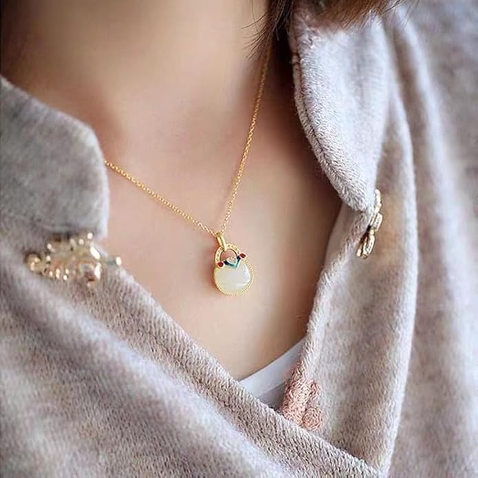 14K Gold Real Natural Jade Enamel Fortune Bag Necklace, Unique Vintage Style Jade Pendant, Delicate Jade Jewelry Gift for Wife's Prosperity