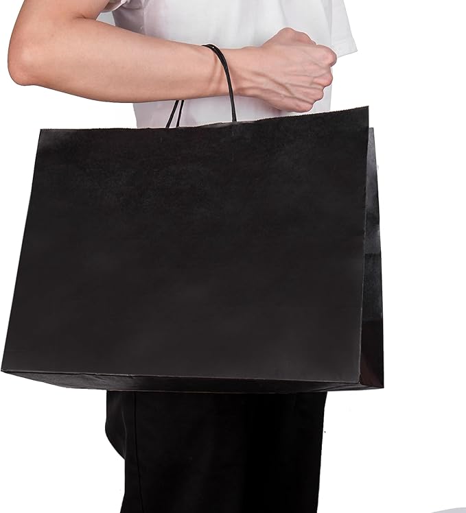 Ronvir 70Pcs Paper Bags with Handles 16x6x12 inch, Large Recycled Kraft Paper Bags Bulk for Shopping, Wedding,Business, Retail, Boutique, Party, Grocery, Party Favor - Black