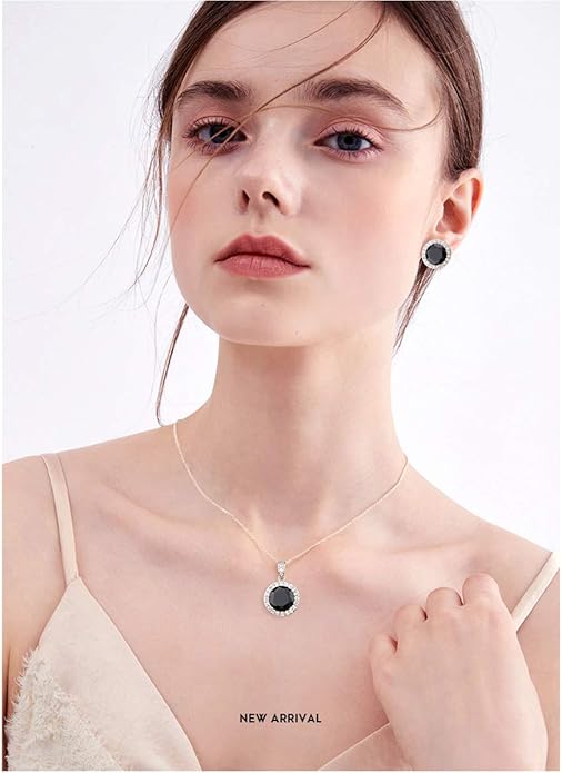 Bridal Crystal Jewelry Set - Sterling Silver Round Cubic Zirconia CZ Rhinestone Halo Birthstone Pendant Necklace Stud Earrings Set for Wedding Bride Bridesmaids Birthday Gift