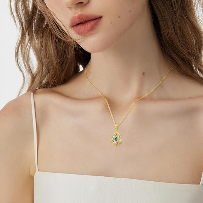 Gemstone Necklaces for Women 14K Yellow Gold Plated Silver Colorful Pendant Necklace Multicolor Cubic Zirconia Heart Pearshaped Jewelry for Mother Wife Daughter