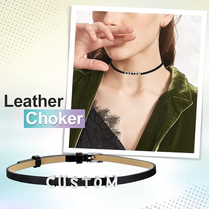 Custom4U Personalized Black Leather Choker Necklace with Picture/Name/Initials/Letters Charm,Custom Made Adjustable Choker Collar Gothic Punk Necklaces Jewelry Gifts for Women