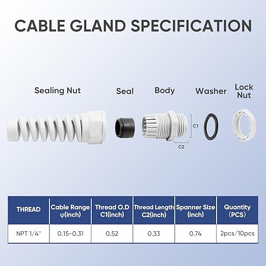 Strain Relief Cord Connector,LISTENJIALE 2Pcs NPT 1/4" Waterproof Cable Gland Flex Spiral Strain Relief Adjustable 4-8mm Cable Connector Nylon Joint with Gaskets(Grey)