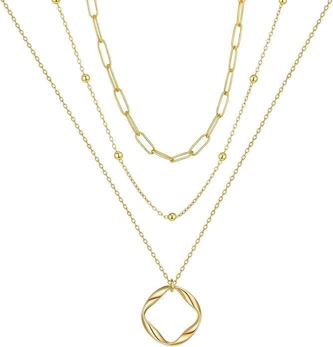 Women's Multi-Layered Gold Necklace, Stackable Delicate 14K Gold Plated Fashion Round Multi Layers Pendant Necklace, Gold Jewelry Set Gifts
