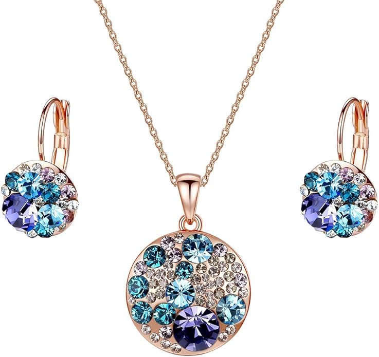 EVEVIC Austrian Crystals Round Disc Pendant Necklace Earrings for Women 14K Gold Plated Hypoallergenic Jewelry Sets