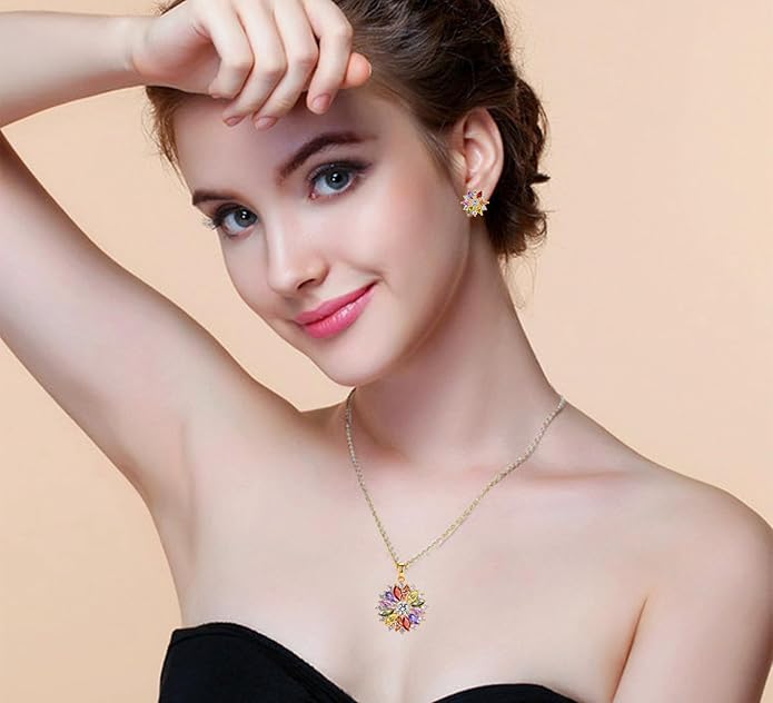 VONSSY Colorful Snowflake Pendant Necklace Earrings Rose Gold 5A Cubic Zirconia | Crystal Sweater Chain | Multi Gemstone Garnet Amethyst Morganite Peridot Prom Rhinestone Necklaces for Women Vintage Stylish Gift