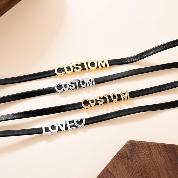Custom4U Personalized Black Leather Choker Necklace with Picture/Name/Initials/Letters Charm,Custom Made Adjustable Choker Collar Gothic Punk Necklaces Jewelry Gifts for Women