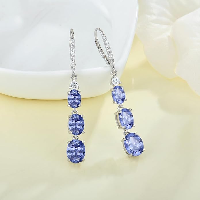 Women 925 Sterling Silver Birthstone 3-stone Leverback Drop Dangle Earrings 5A Cubic Zirconia Jewelry for Her