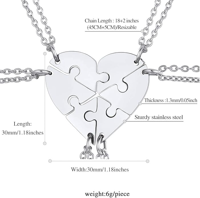 FindChic Personalized Matching BFF Necklace for 2/3/4/5/6 Puzzle Name Heart Pendant Stainless Steel Couple Necklace Set Customized Necklaces for Teen Girls