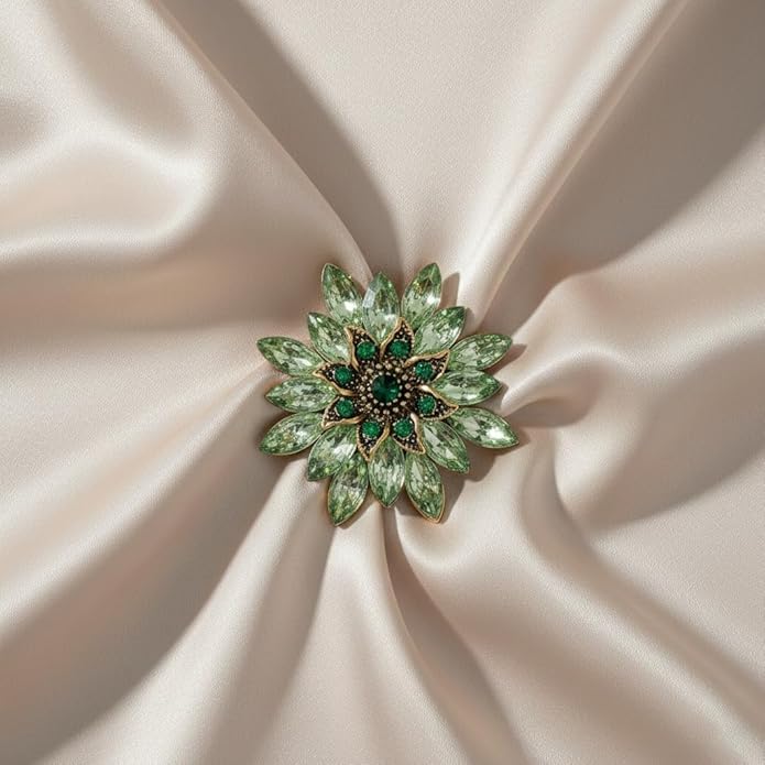 Large Crystal Flower Brooch Pin for Women, Green Rhinestone Floral Lapel Jewelry for Dress Suit Hat Bag, Elegant Dance Party Banquet Accessory, Unique Anniversary Birthday Present