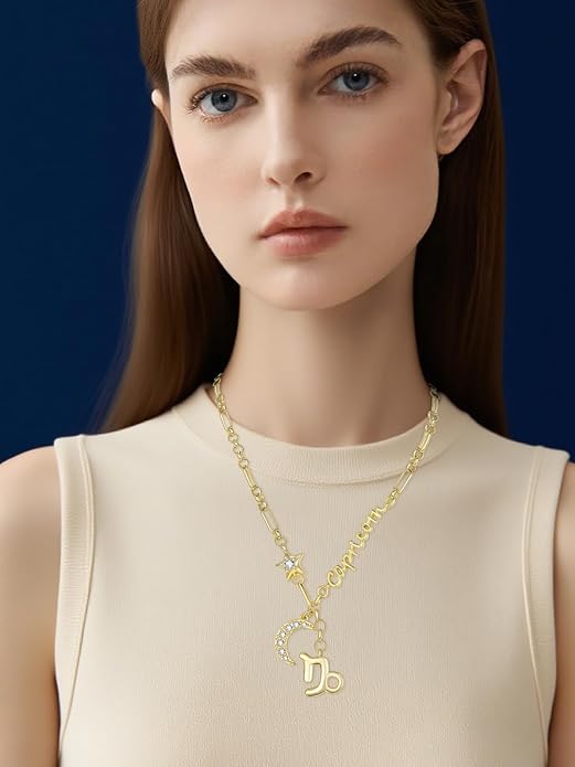 14K Gold/Rose Gold Zodiac Necklace for Women - Horoscope Constellation Pendant with Moon and Star, Luxury Birthday Gifts Jewelry for Her (12 Zodiac Signs)