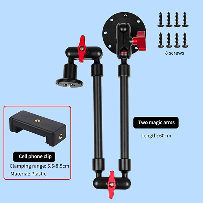 Adjustable Mobile Phone Holder for Desk, Wall and Ceiling Mount - Metal Base +60cm Arms + Phone Clip