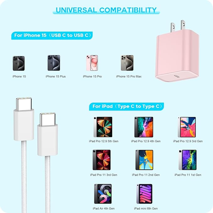 [Apple MFi Certified] iPhone 16 Pro Max Quick Charger,3Pack 20W USB C Wall Charger Block and 6 Feet USB C to USB C Fast Charging Cable for iPhone 16/16 Plus/Pro/Pro Max/iPhone 15/15 Pro Max/Plus(Pink)