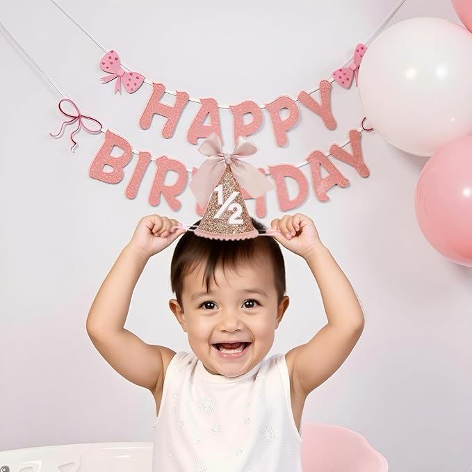 Half Birthday Hat Decorations 2 Set-Sequined Cone 1/2 Hat Happybirthday Banner for 6 Months Baby Girls Bow Birthday Party Decorations, Bow Party Deco(Rose Gold)