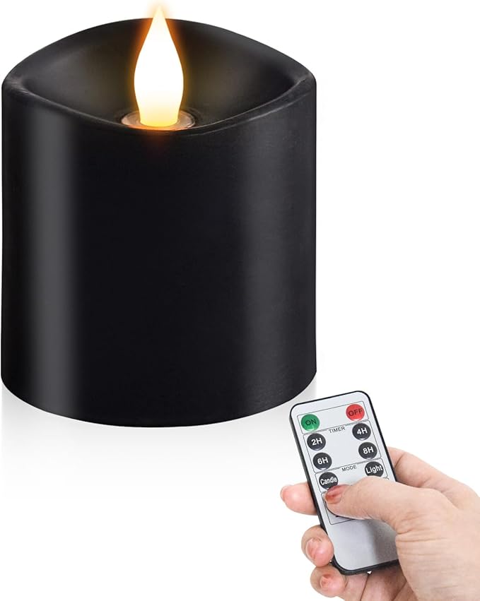 3x3 Flickering Flameless Candles, Real Wax LED Candles with Timer, Flameless Candles with Remote,Battery Operated Candles, for Holiday Home Decor, Black
