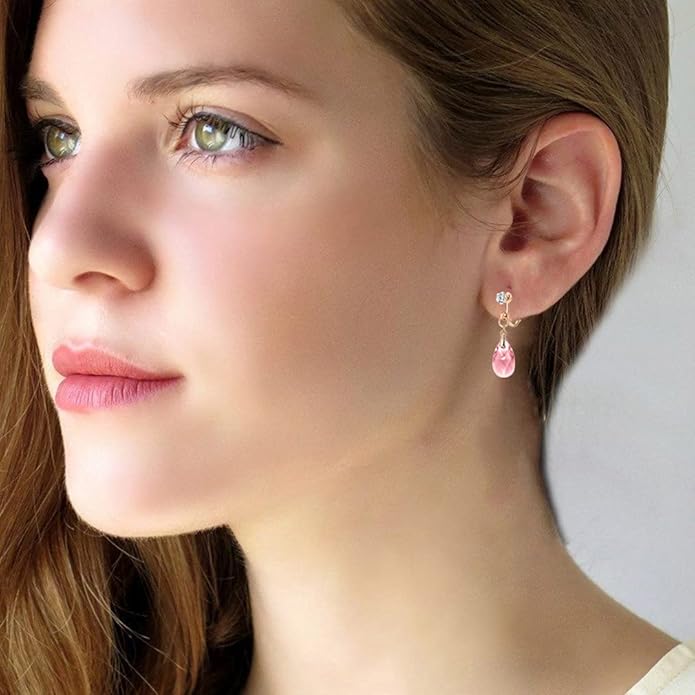 Teardrop Austrian Crystal Drop Clip On Dangle Earrings for Women Non Pierced 14K Rose Gold Plated Hypoallergenic Jewelry
