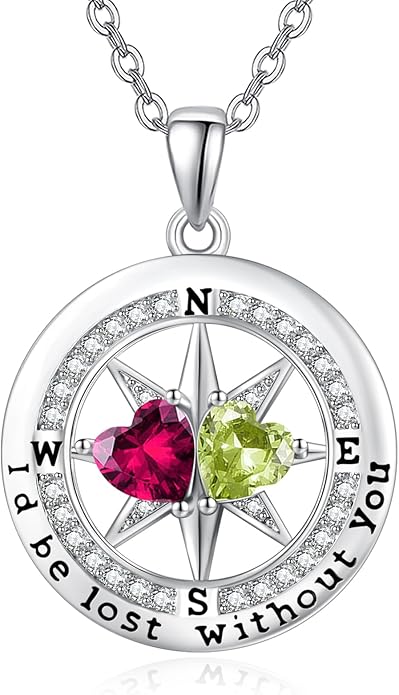 Compass Necklace for Women, Exquisite S925 Valentines Day Anniversary Birthday Gifts for Wife Her Double Birthstone Pendant Jewelry ‘I'd be Lost Without You’