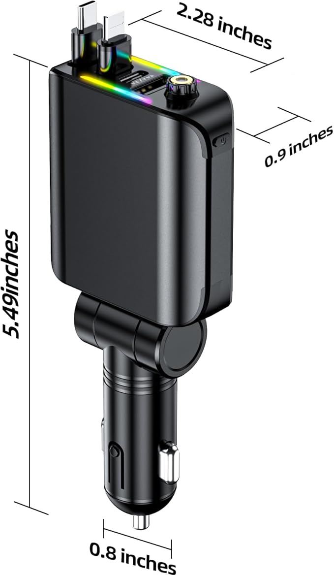 [2025 Ultra-Slim, 75% Less Space] Retractable Car Charger with Starlight, Max 120W USB C Car Charger Adapter, Cars Phone Chargers Fast Charging, Car Chargers for iPhone 16 15 Pro Max Plus and Android