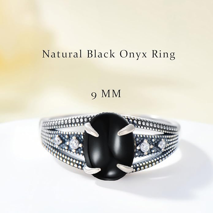 925 Sterling Silver Oxidized Black Onyx Rings for Women - Round & Heart 9mm Onyx Vintage Retro Design, Ideal for Daily Wear
