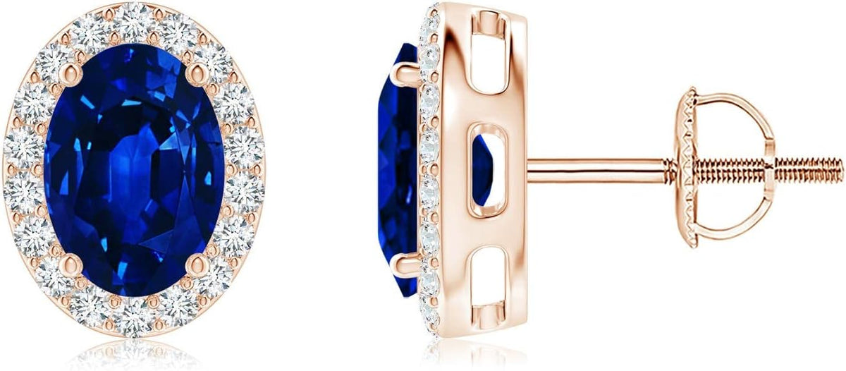 ANGARA Natural Blue Sapphire Earrings for Women | Prong-Set Oval Blue Sapphire Stud Earrings with Diamond Halo in 14K Solid Gold/Platinum | September Birthday, Anniversary, Gemstone Jewellery Gift