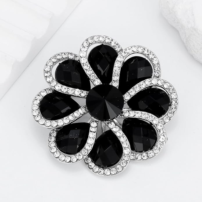 Rhinestone Flower Brooch for Women Vintage Style Black White Crystal Flower Brooch Pin Sparkling Bridal Wedding Crystal Pin Elegant Clothing Hat Bag Accessories Christmas Birthday Party Wedding Costume Jewelry