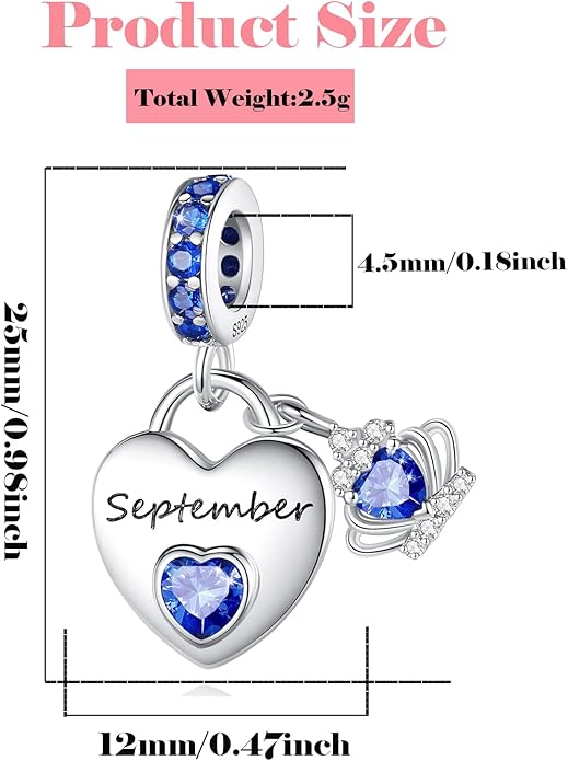 Birthstone Charms for Charms Bracelet: 925 Sterling Silver Heart Dangle Charms for Bracelets and Necklaces, Birthday Mother's Day Christmas Gifts For Women.