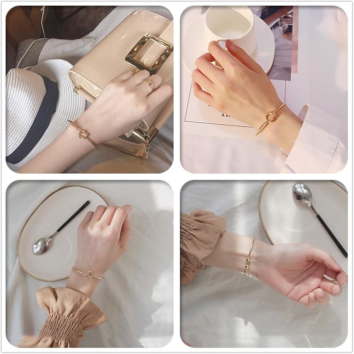 Starain 4Pcs Rose Gold Bracelets for Women Simple Leaf Arrow Feather Knot Heart Bangle Bracelet Adjustable Cuff Bracelet Set