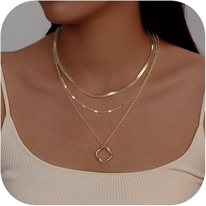 Evabelle Gold Layered Necklace for Women Trendy Jewelry 14K Real Gold Plated Chunky Chain Stackable Necklaces Dainty Choker Necklaces Rectangle Square Pendant