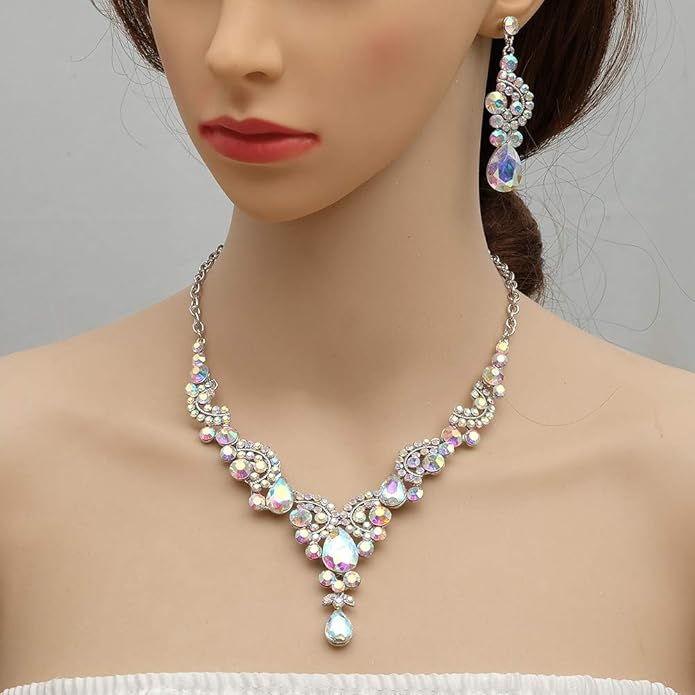 CSY Elegant Crystal Necklace Earrings Bracelet Ring Bridal Wedding Party Costume Jewelry Sets for Brides Women