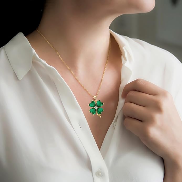VONSSY Four Leaf Clover Necklace Earrings Shamrock Irish ST Patricks Jewelry Set Gift 18k Gold Plated Green Emerald Zircon Diamond Crystal Lucky Saint Pendant for Woman Wife Girlfriend Mom