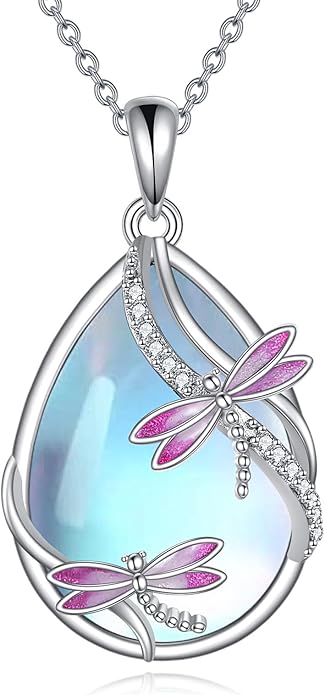 KQF Dragonfly/Butterlfy/Cat/Jellyfish/Bunny/Axolotl/Bee/Mermaid/Hummingbird/Elephant Necklace for Women Sterling Silver Moonstone Pendant Necklace Dragonfly Jewelry Gifts for Women
