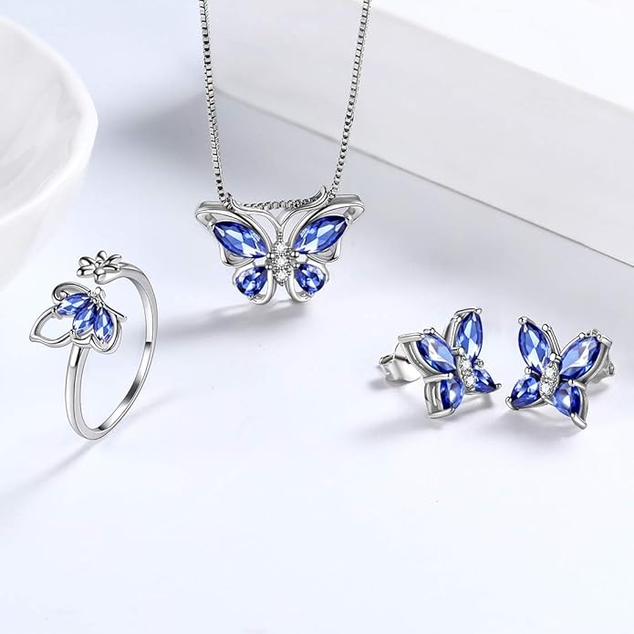 Aurora Tears Butterfly Jewelry,Women 925 Sterling Silver Butterflies Birthstone Pendant Necklace/Earrings/Rings Wedding Gift