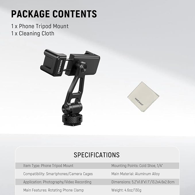 NEEWER Adjustable Phone Tripod Mount with Cold Shoe 1/4" Thread 180° Tilt 360° Rotation Cleaning Cloth Phone Clamp Holder Compatible with iPhone Samsung Android Camera Cage for Video Recording, GA010