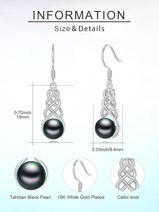 Tahitian Black Pearl Earrings Gifts for Women Wife Celtic Dangle Drop Earrings Wedding Birthday Anniversary Jewelry Valentines Christmas Day Gifts 925 Sterling Silver