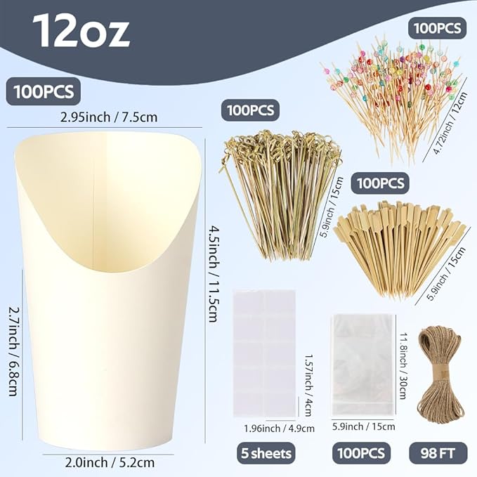 100pcs 12oz White Charcuterie Cups, 300 Skewers + 100 Bags + 100 Labels, Paper Charcuterie Cups with Sticks and Bags, Disposable Dessert Cup Appetizers Cup, Durable French Fry Holder for Snack