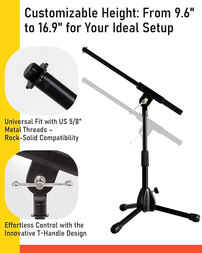 Stage Rocker Foldable Tripod Low-Profile Mic Boom Stand - Height Extending from 9.6'' to 16.9'', w/Adjustable Telescoping Arm Up to 9'', Lightweight/Convenient, Black, Powered by Hamilton(SR610121B)