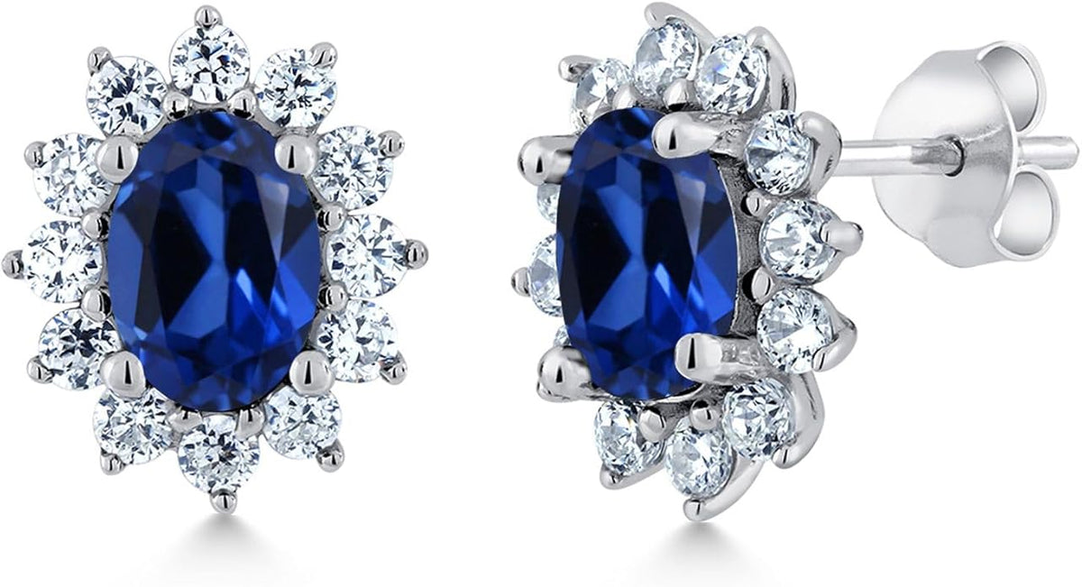 Gem Stone King 7X5MM Oval Gemstone Birthstone Stud Earrings For Women | Princess Diana Royal Halo Style | 925 Sterling Silver | Fine Jewelry Gifts for Anniversary Wedding Her Mom Women Wife