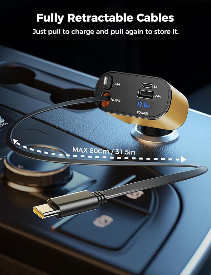 【Upgraded】 SUPERONE Retractable Car Charger 4 in 1, Fast Car Phone Charger with Cord 2.6ft, USB C and Apple Car Charger Adapter, Compatible with iPhone 15/15 Pro Max/14/13/12/11, Galaxy, Pixel